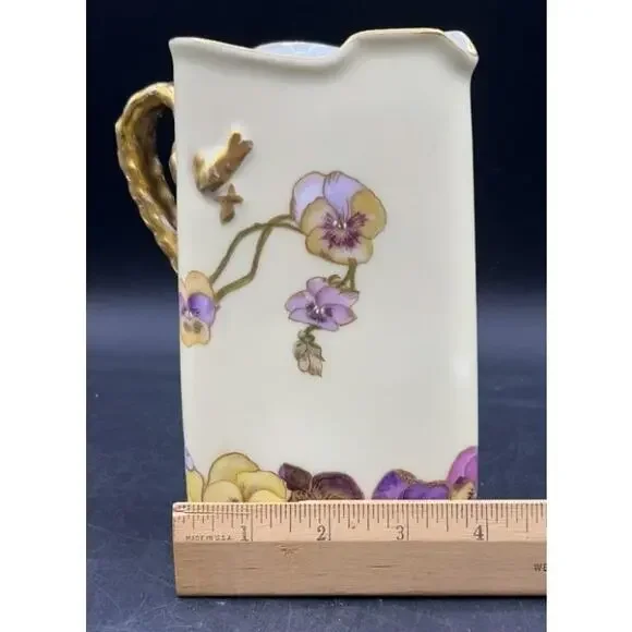 Antique H&Co Limoges Cream Pitcher 1 Pint Gold Floral Pansies - RARE